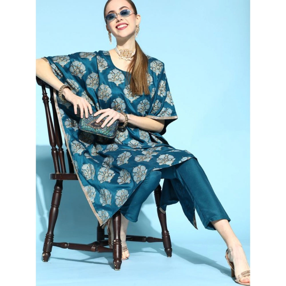 Generic Women's Casual 3-4Th Sleeve Floral Printed Chinon Kurti And Pant Set (Teal)