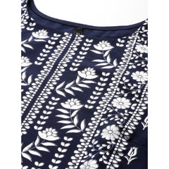 Generic Women's Casual 3-4Th Sleeve Floral Printed Rayon Kurti and Palazzo Set (Navy Blue)