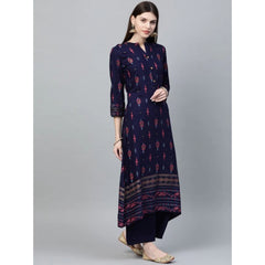 Generic Women's Casual 3-4Th Sleeve Ikkat Rayon Kurti and Palazzo Set (Navy Blue)