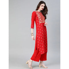 Generic Women's Casual 3-4Th Sleeve Floral Printed Rayon Kurti and Palazzo Set (Red)