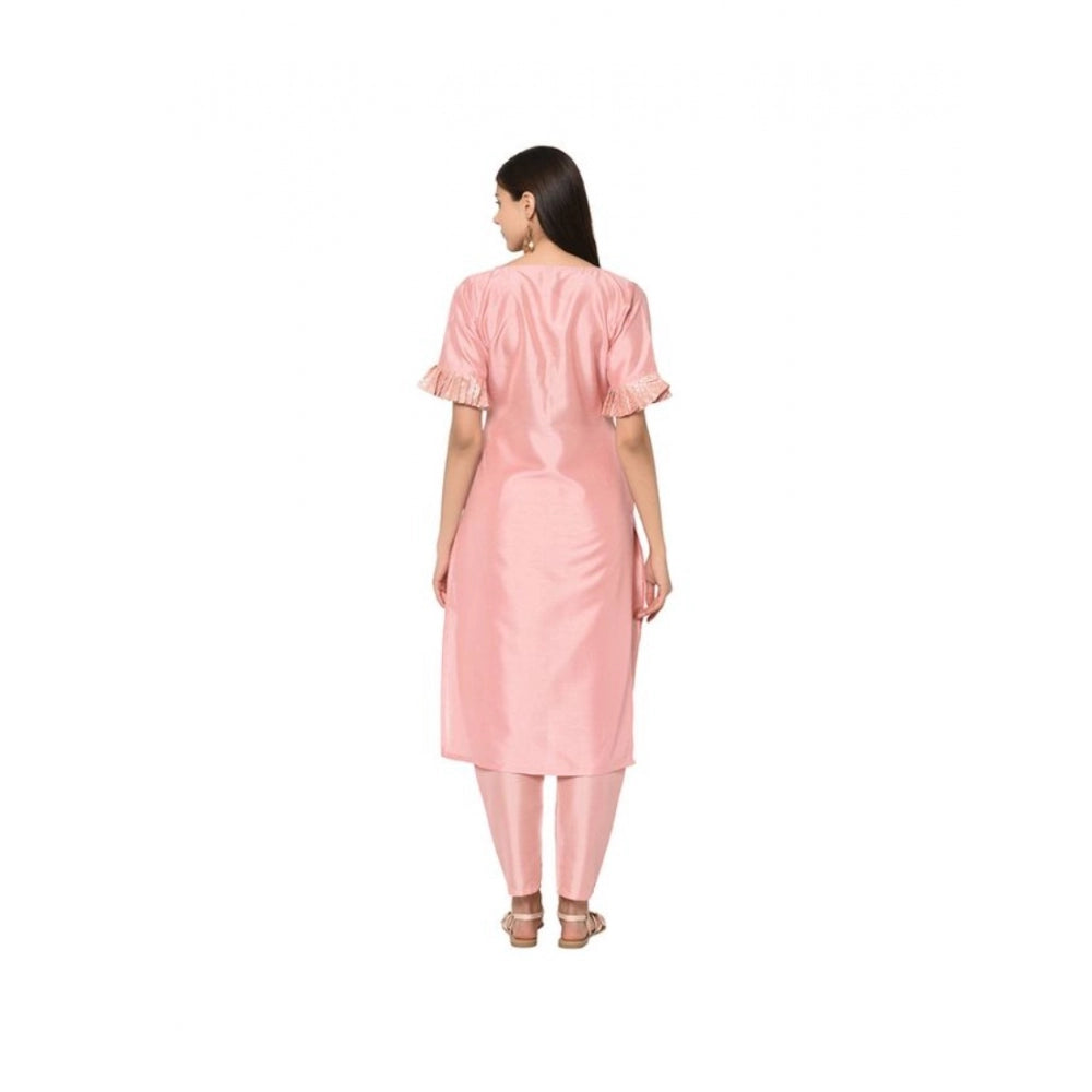 Generisches Damen-Set aus legerem Kurti und Hose mit halben Ärmeln aus massiver Polyseide (Pink)