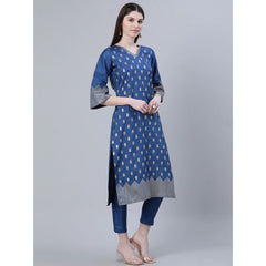 Generic Women's Casual 3-4Th Sleeve Floral Printed Poly Silk Kurti And Pant Set (Blue)