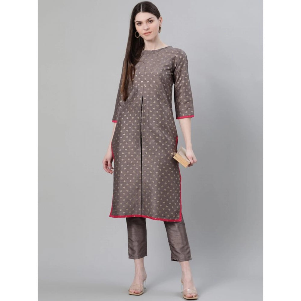 Generic Women's Casual 3-4Th Sleeve Ethnic Motifs Poly Silk Kurti And Pant Set (Grey)