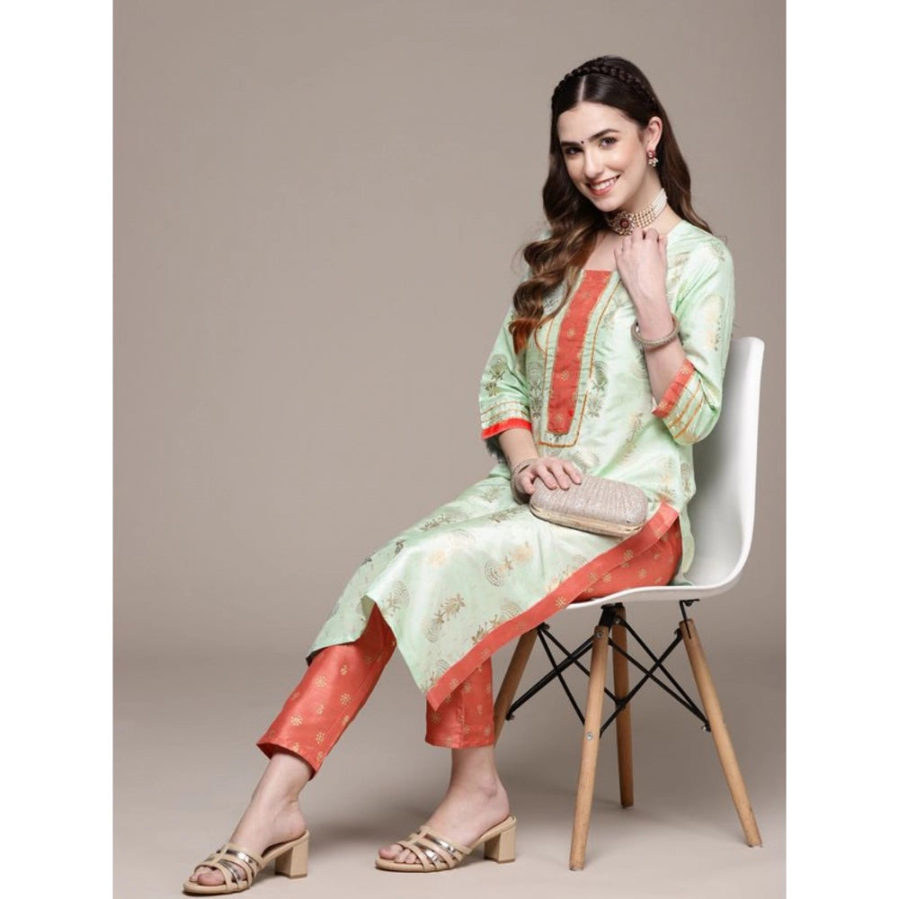 Generic Women's Casual 3-4Th Sleeve Floral Printed Poly Silk Kurti And Pant Set (Pista Green)