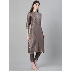 Generic Women's Casual 3-4Th Sleeve Ethnic Motifs Poly Silk Kurti And Pant Set (Grey)