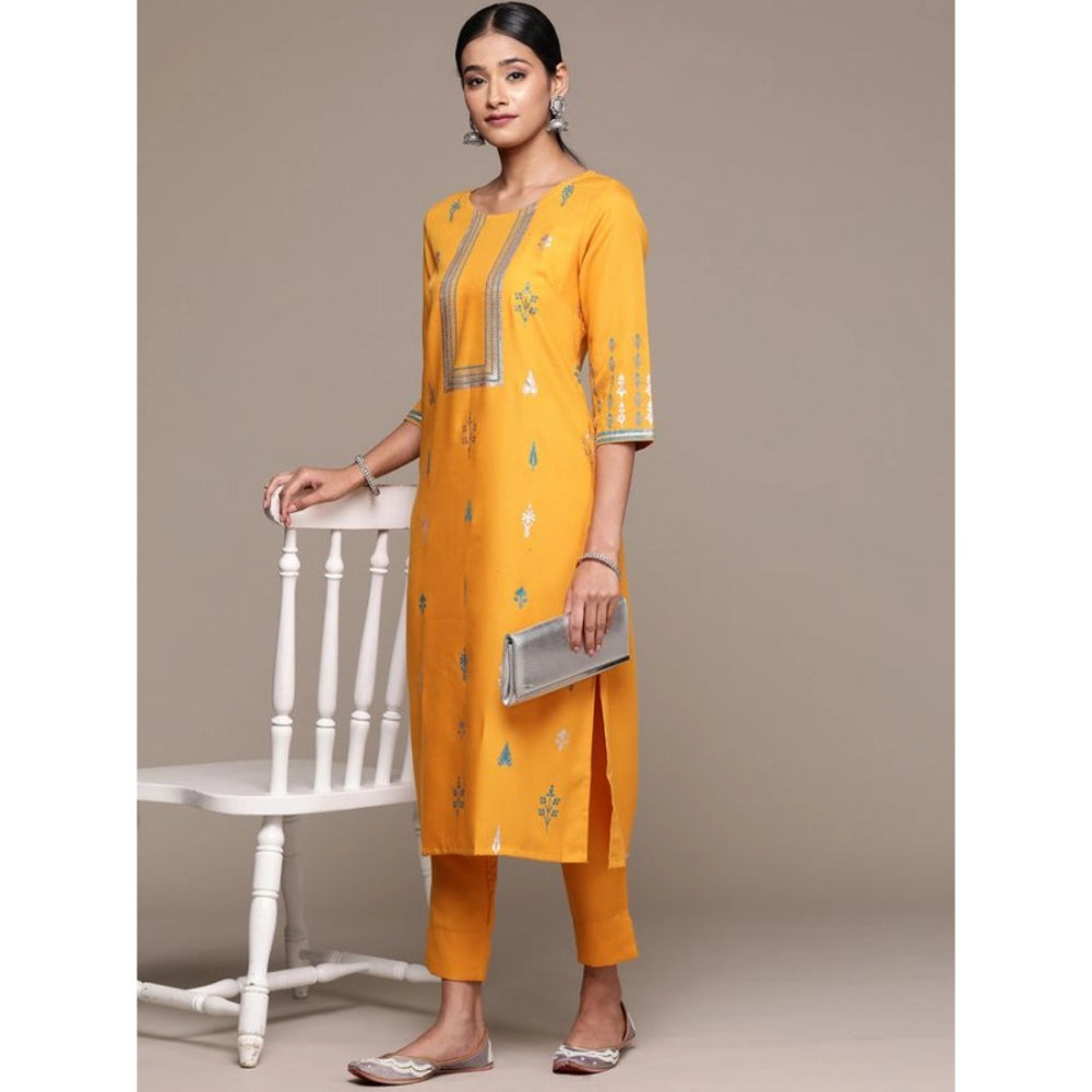 Generic Women's Casual 3-4Th Sleeve Floral Printed Rayon Kurti And Pant Set (Mustard)