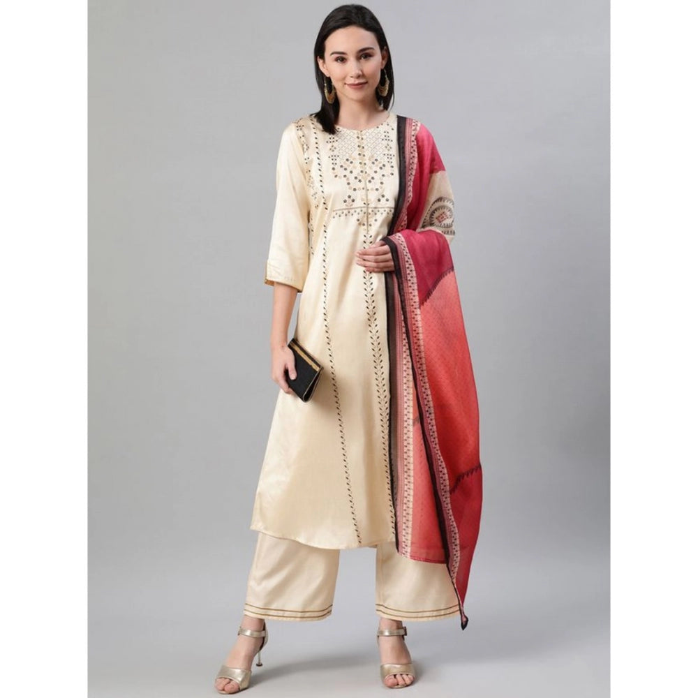 Generic Women's Casual 3-4Th Sleeve Ethnic Motifs Poly Silk KurtiPalazzo And Dupatta Set (Cream)