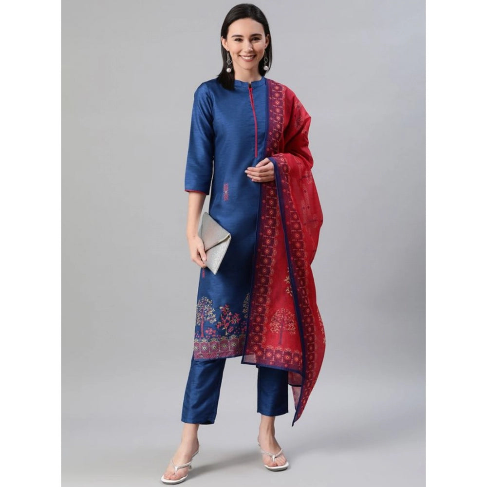 Generic Women's Casual 3-4Th Sleeve Floral Printed Poly Silk Kurti Pant And Dupatta Set (Blue)