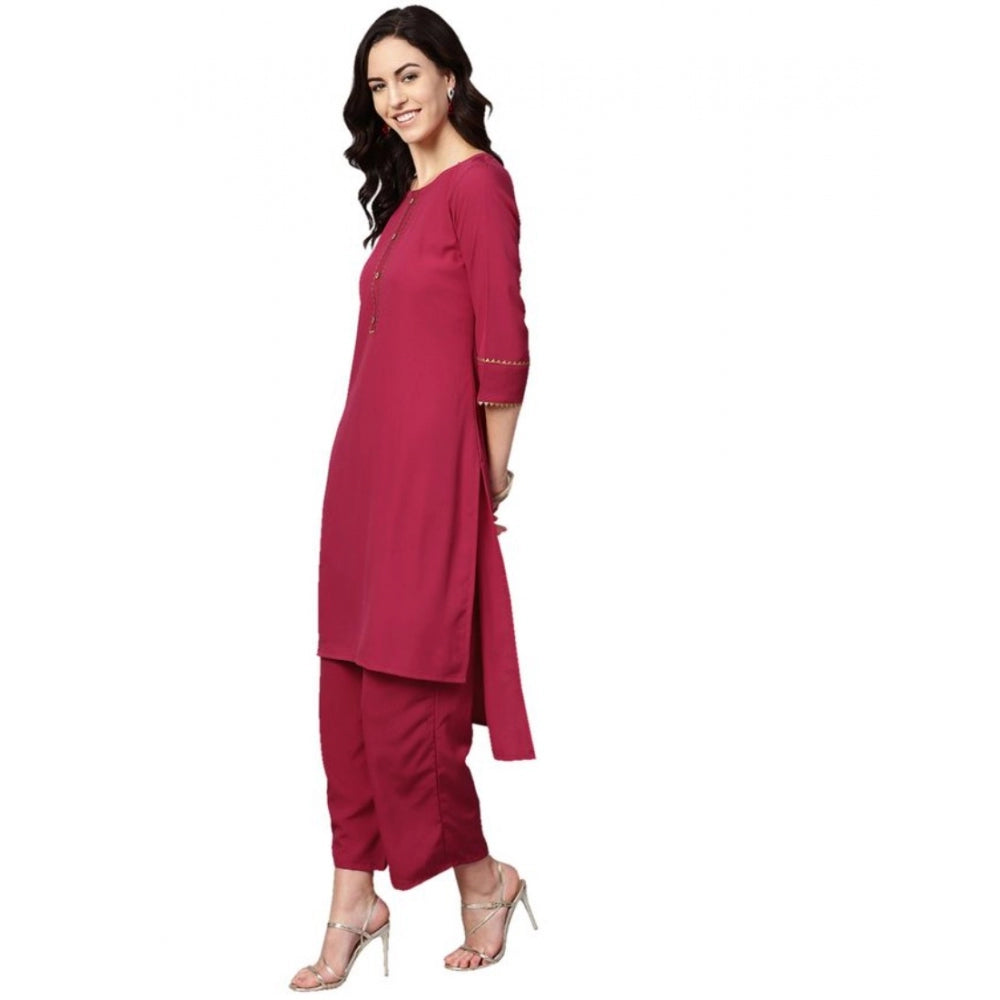 Generic Women's Casual 3-4Th Sleeve Solid Crepe Kurti And Palazzo Set (Pink)