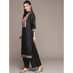 Generic Women's Casual 3-4Th Sleeve Floral Printed Poly Silk Kurti and Palazzo Set (Black)