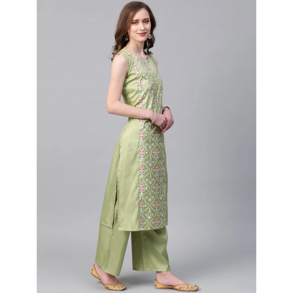 Generic Women's Casual Sleeveless Floral Printed Poly Silk Kurti and Palazzo Set (Green)