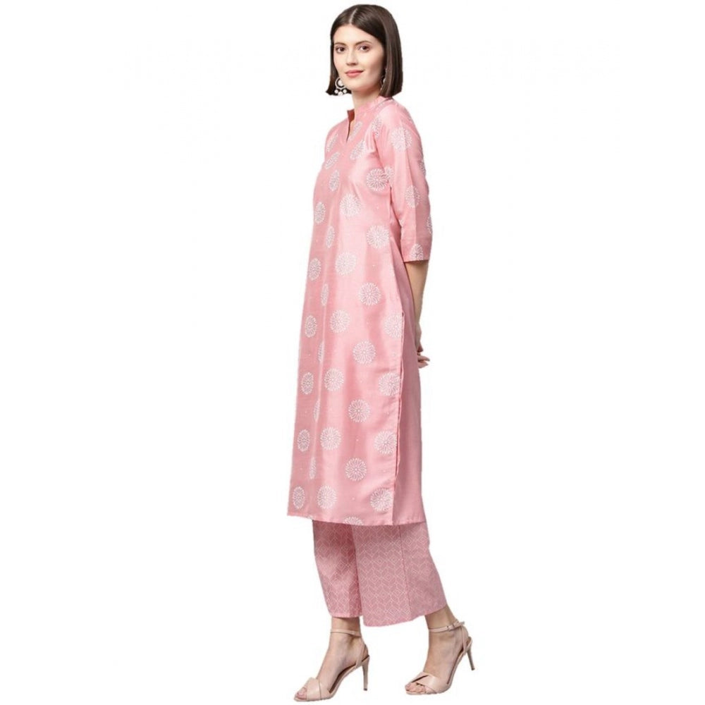 Generisches Damen-Kurti und Palazzo-Set aus Polyseide mit 3–4-Ärmeln und Blumenmuster (Pink)