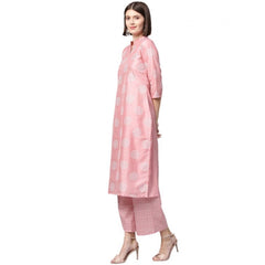 Generic Women's Casual 3-4Th Sleeve Floral Printed Poly Silk Kurti And Palazzo Set (Pink)