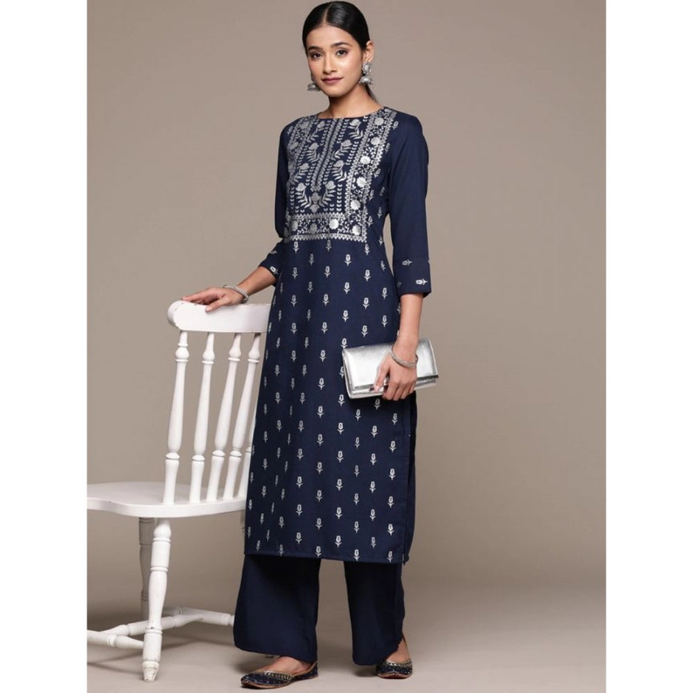 Generic Women's Casual 3-4Th Sleeve Floral Printed Rayon Kurti and Palazzo Set (Navy Blue)