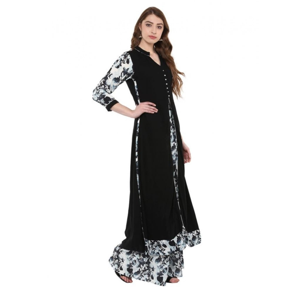 Generic Women's Casual 3-4Th Sleeve Floral Printed Rayon Kurti and Palazzo Set (Black)