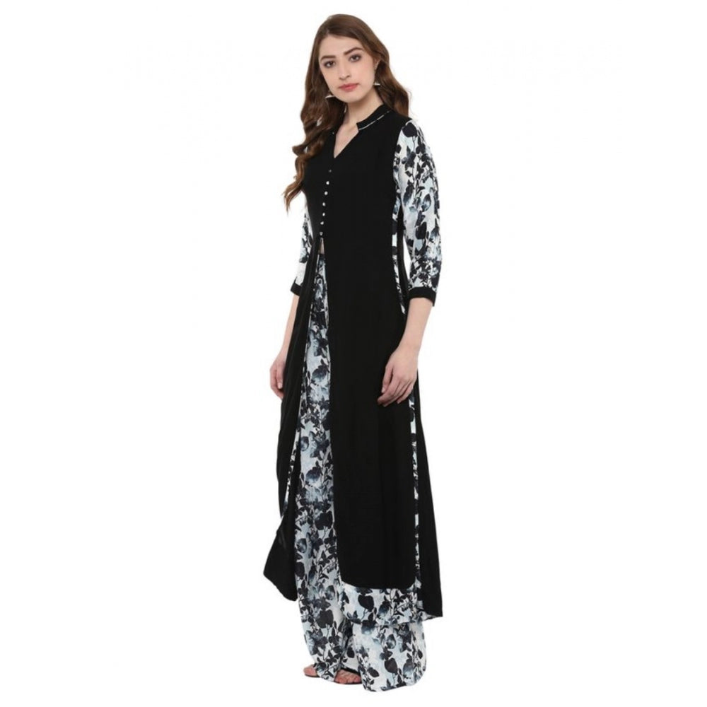 Generic Women's Casual 3-4Th Sleeve Floral Printed Rayon Kurti and Palazzo Set (Black)