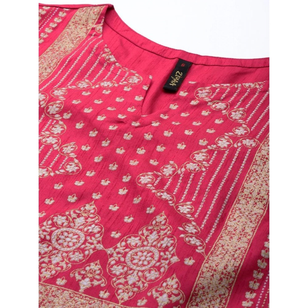 Generisches Damen-Kurti und Palazzo-Set aus Polyseide mit 3–4-Ärmeln und ethnischen Motiven (Pink)