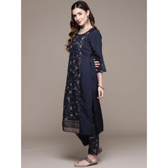 Generic Women's Casual 3-4Th Sleeve Floral Printed Crepe Kurti and Pant Set (Navy Blue)