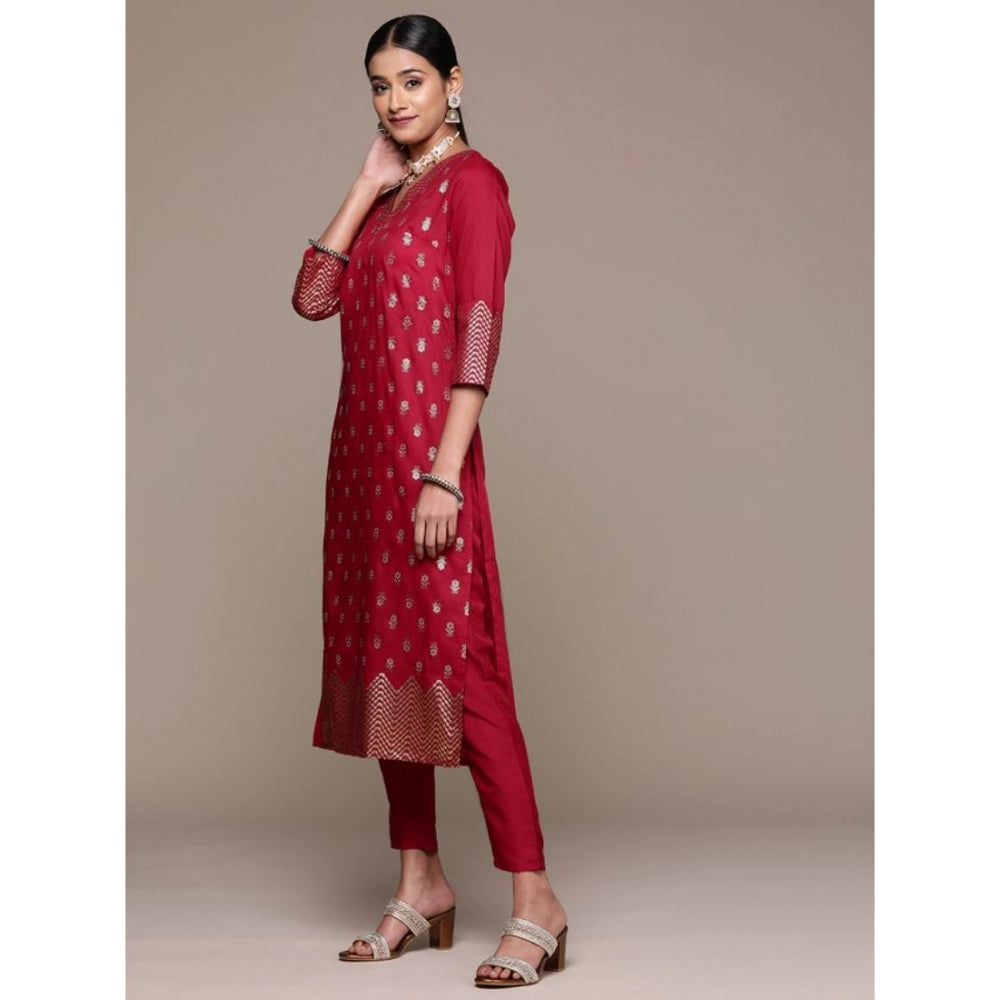 Generic Women's Casual 3-4Th Sleeve Floral Printed Chinon Kurti And Pant Set (Maroon)