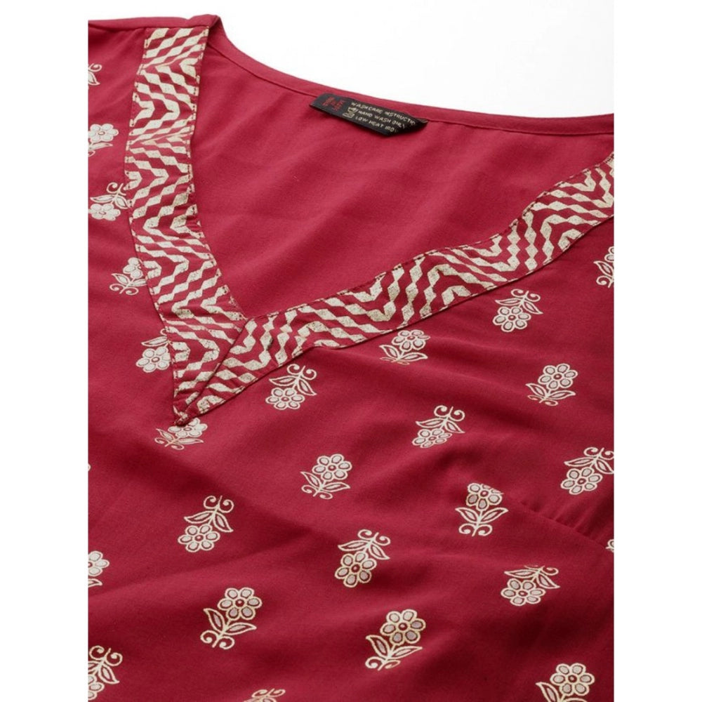 Generic Women's Casual 3-4Th Sleeve Floral Printed Chinon Kurti And Pant Set (Maroon)