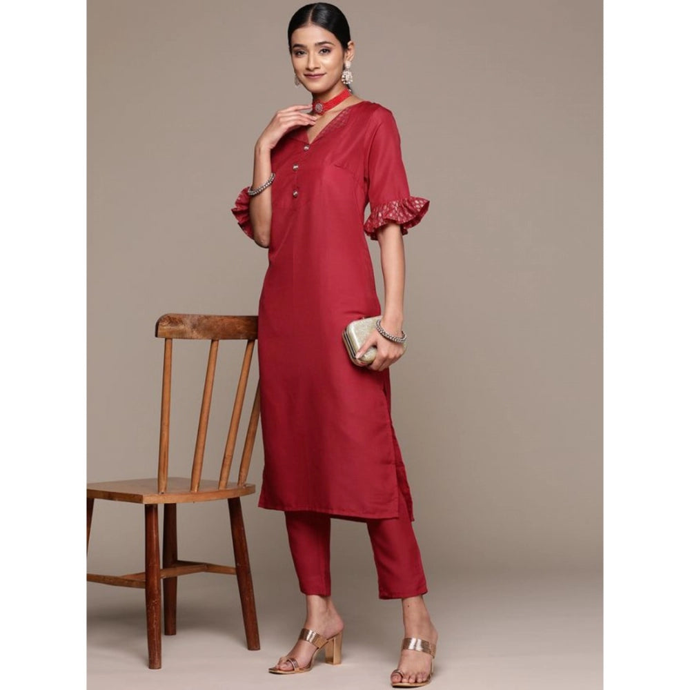 Generic Women's Casual Half Sleeve Solid Chinon Kurti and Pant Set (Maroon)