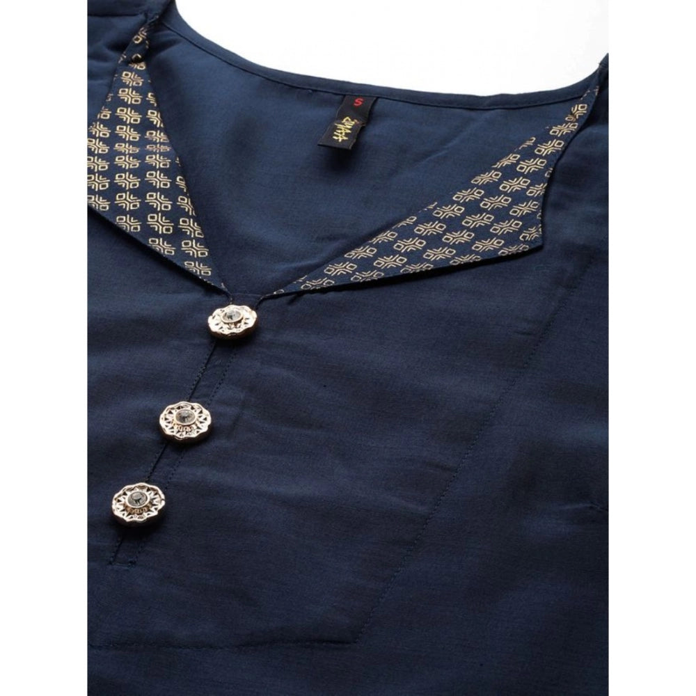 Generic Women's Casual Half Sleeve Solid Chinon Kurti and Pant Set (Navy Blue)