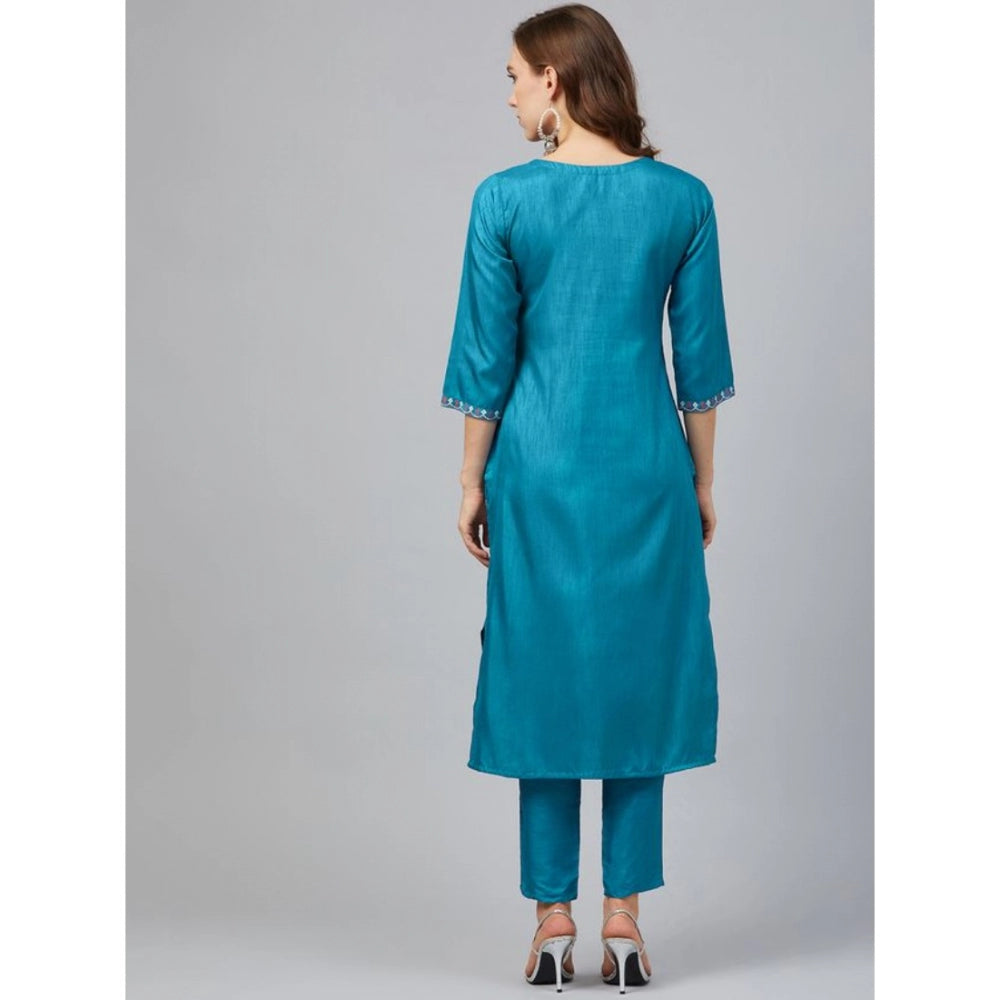 Generisches Damen-Kurti- und Hosen-Set aus Polyseide mit 3–4-Ärmeln und Blumenmuster (blau)