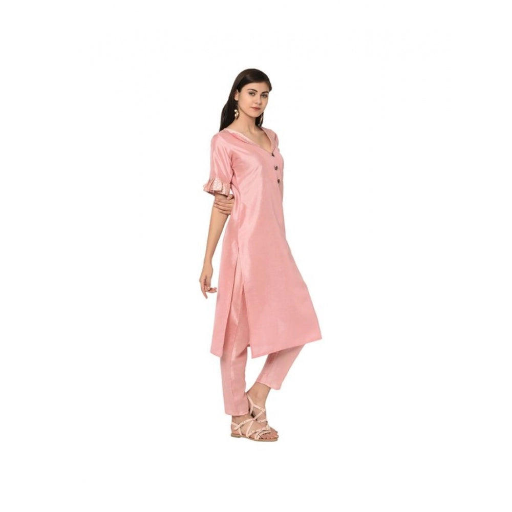 Generisches Damen-Set aus legerem Kurti und Hose mit halben Ärmeln aus massiver Polyseide (Pink)