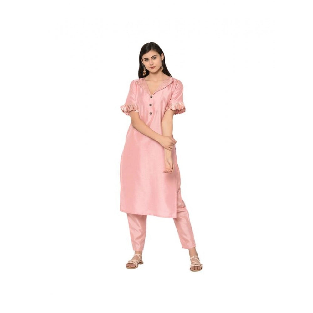 Generisches Damen-Set aus legerem Kurti und Hose mit halben Ärmeln aus massiver Polyseide (Pink)