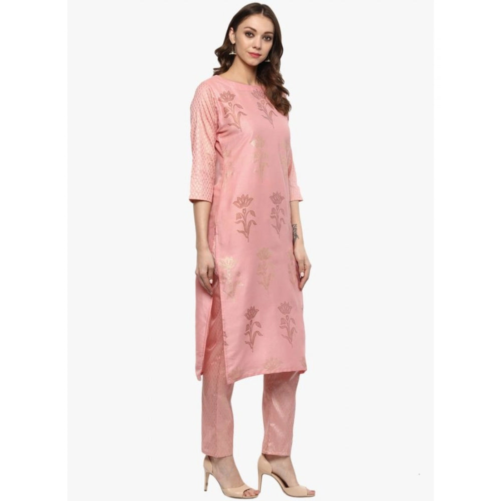 Generisches Damen-Kurti- und Hosen-Set aus Polyseide mit 3–4-Ärmeln und Blumenmuster (Pink)