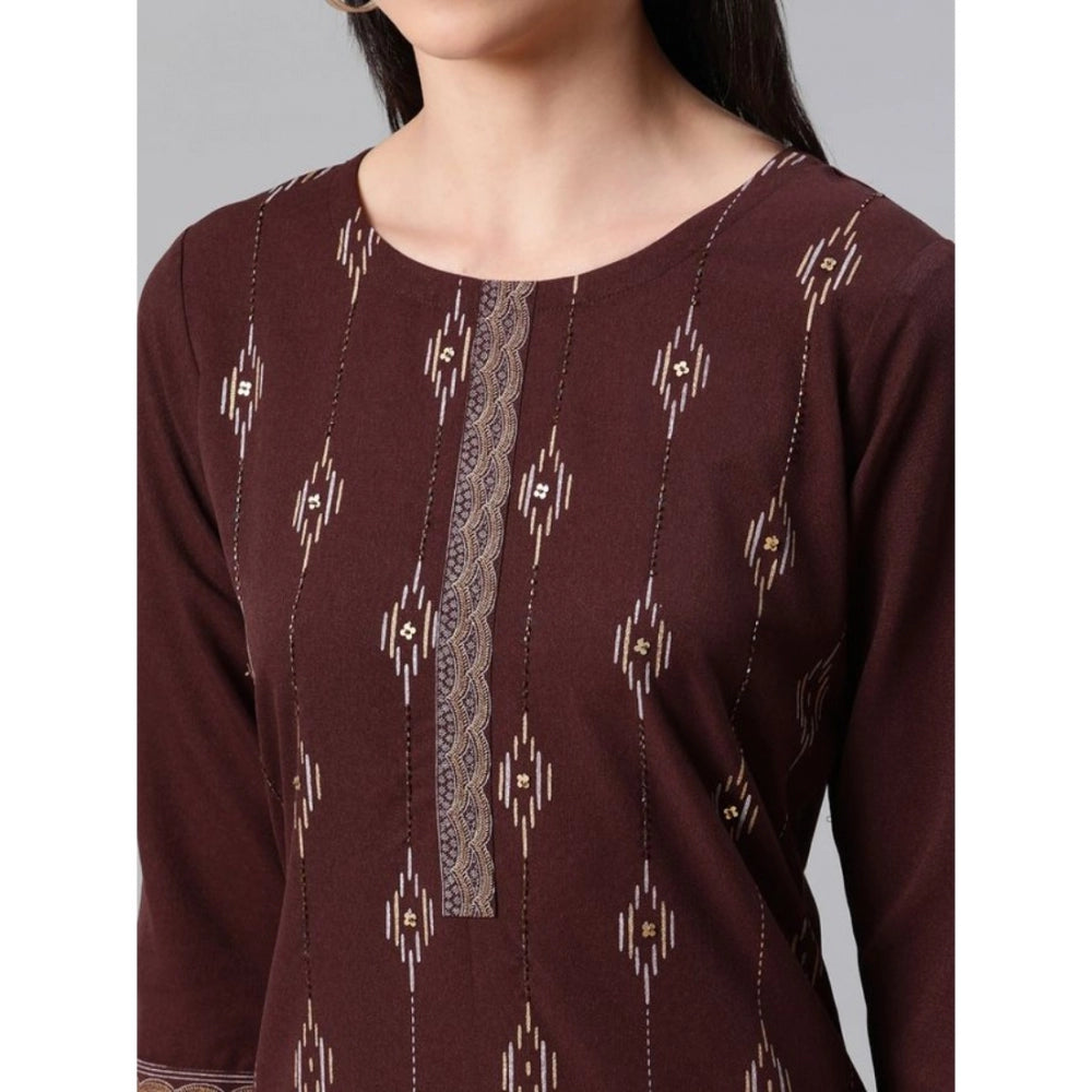 Generic Women's Casual 3-4Th Sleeve Ethnic Motifs Rayon Kurti And Pant Set (Brown)