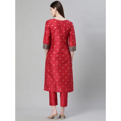 Generic Women's Casual 3-4Th Sleeve Ethnic Motifs Poly Silk Kurti And Pant Set (Red)