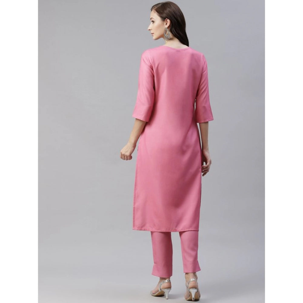 Generisches Damen-Set aus lässigem Kurti und Hose mit 3–4-Ärmeln und Blumenmuster aus Viskose (Pink)