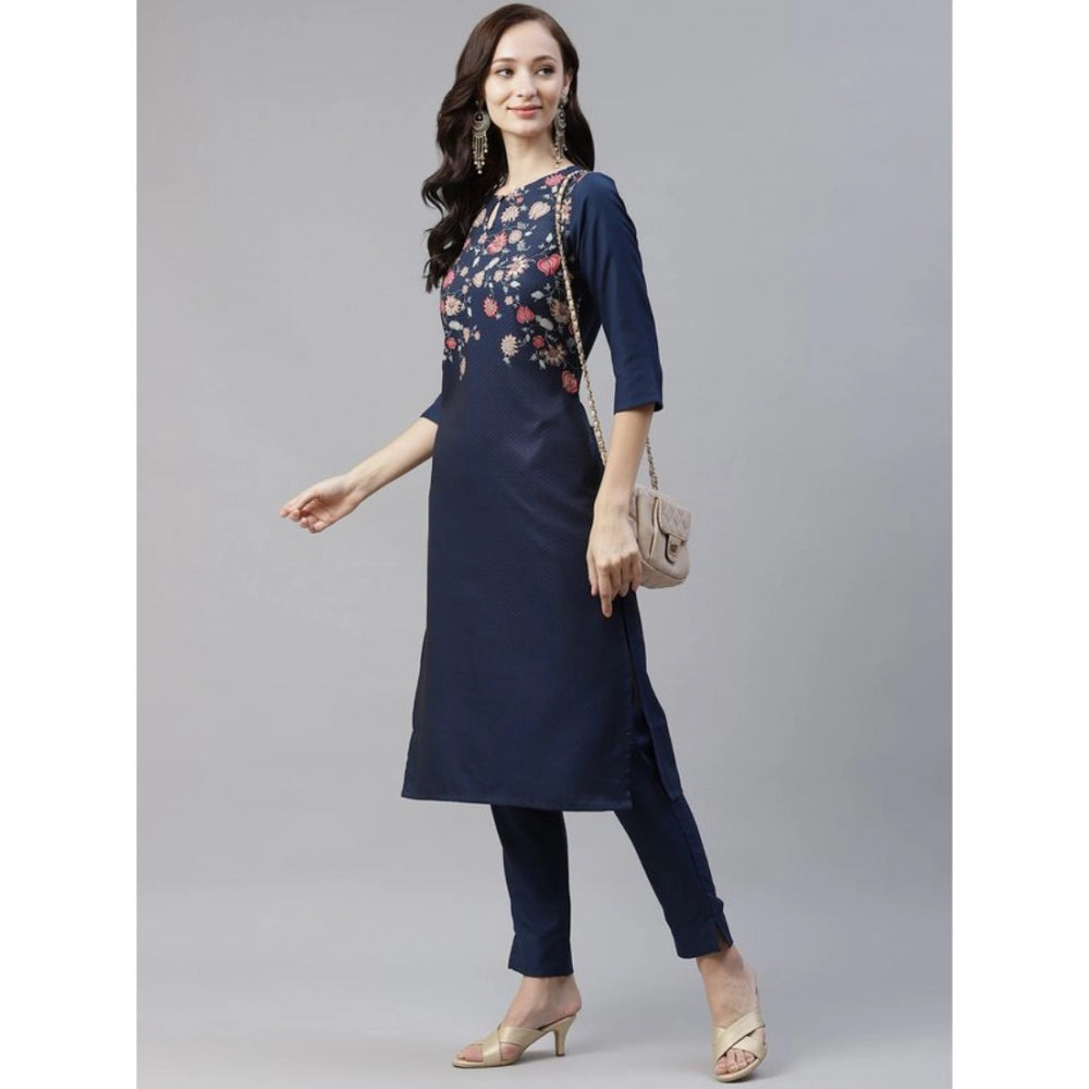 Generisches Damen-Set aus lässigem Kurti und Hose mit 3–4-Ärmeln und Blumenmuster aus Viskose (Marineblau)