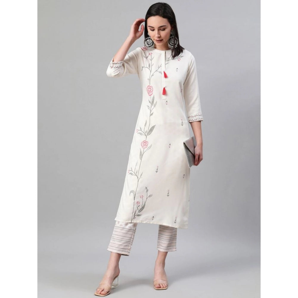 Generisches Damen-Set aus lässigem Kurti und Hose mit 3–4-Ärmeln und Blumenmuster aus Viskose (Creme)