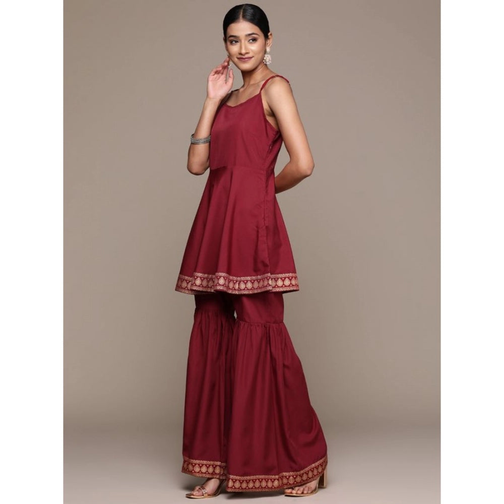 Generic Women's Casual Sleeveless Ethnic Motifs Crepe Kurti Sharara And Dupatta Set (Maroon)