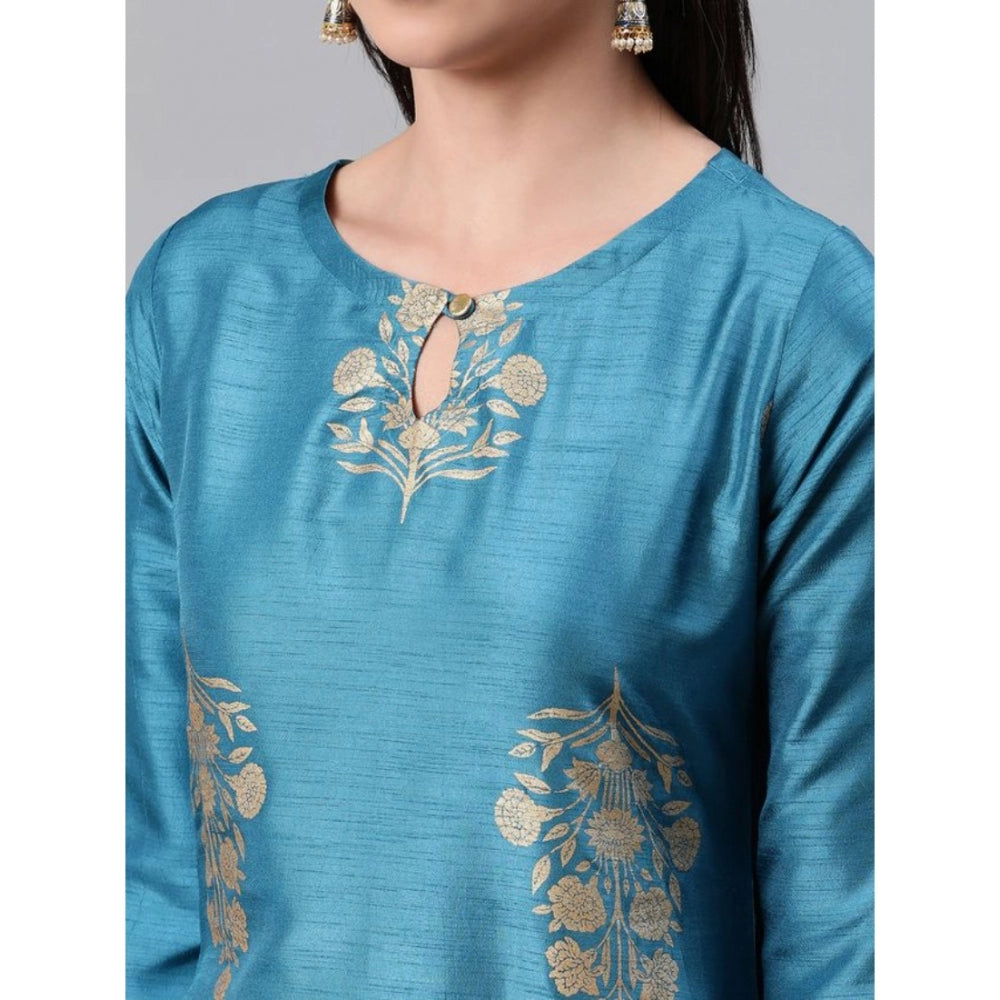 Generic Women's Casual 3-4Th Sleeve Ethnic Motifs Poly Silk Kurti Pant And Dupatta Set (Blue)