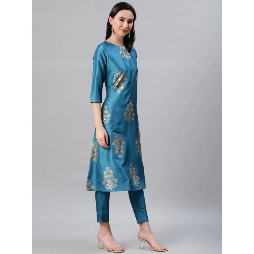 Generisches Damen-Set mit 3–4-Ärmeln, ethnischen Motiven, Kurti-Hose und Dupatta aus Polyseide (blau)