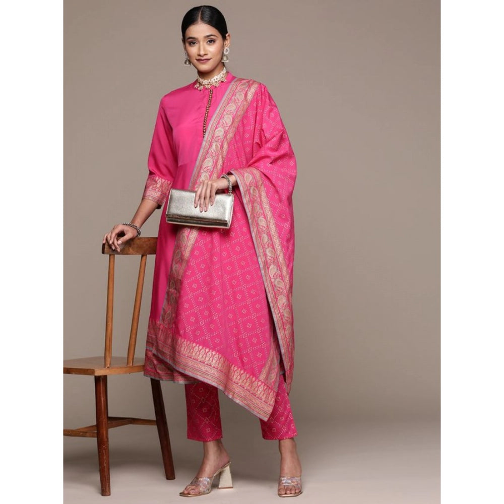 Generic Women's Casual 3-4Th Sleeve Ethnic Motifs Crepe Kurti Pant And Dupatta Set (Pink)