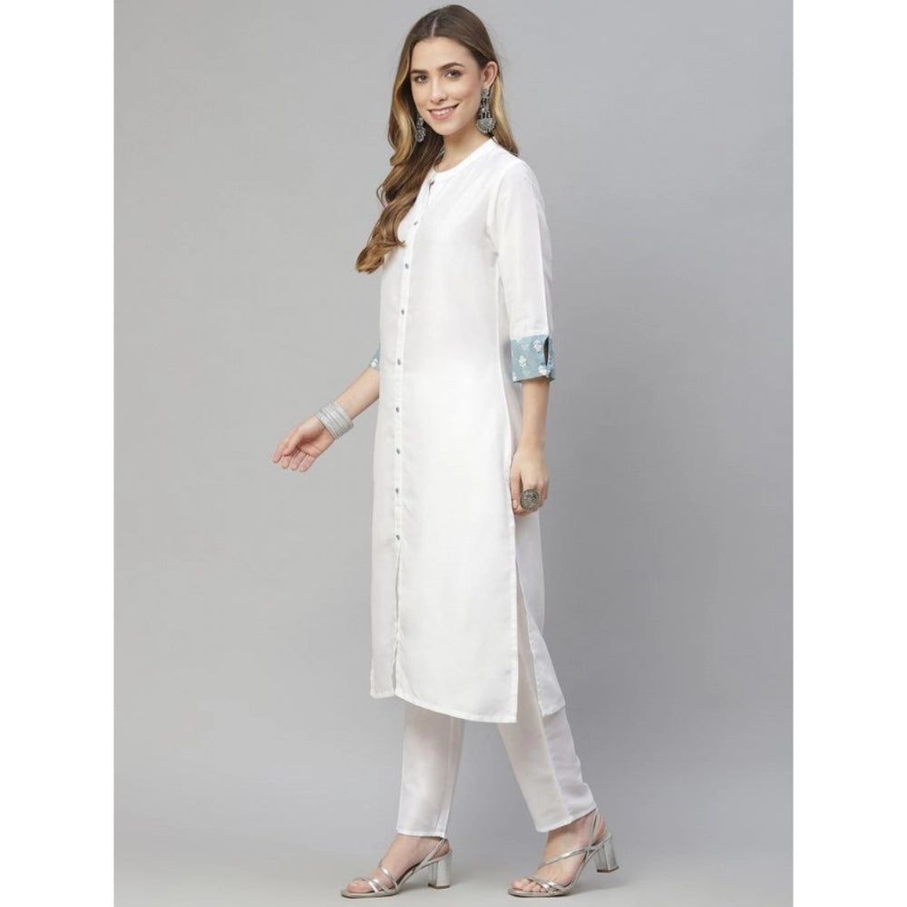 Generic Women's Casual 3-4Th Sleeve Solid Chinon Kurti Pant And Dupatta Set (White)