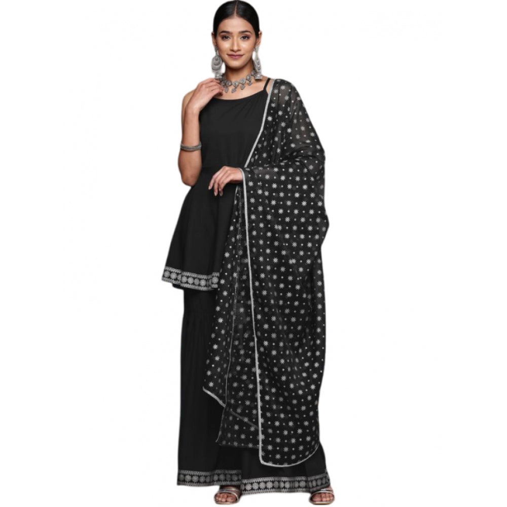 Generic Women's Casual Sleeveless Ethnic Motifs Crepe Kurti Sharara And Dupatta Set (Black)