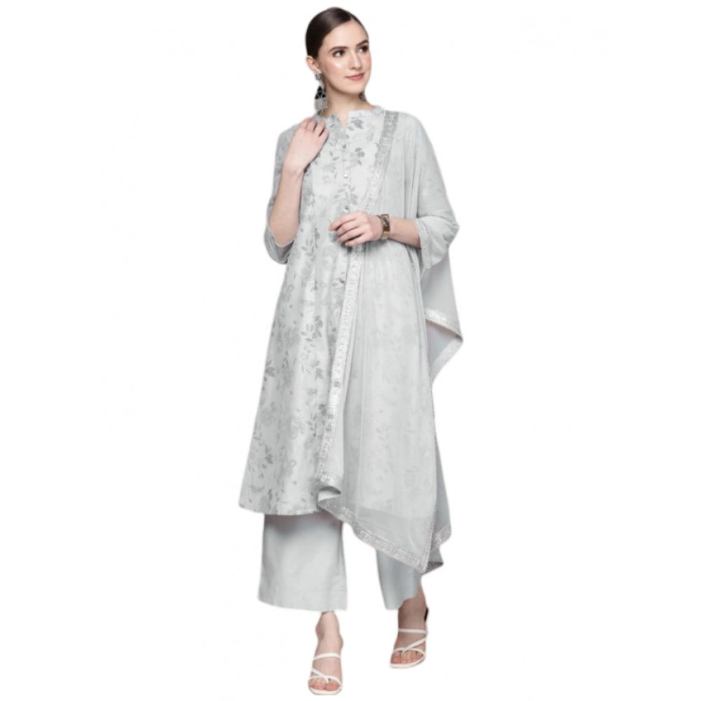 Generic Women's Casual 3-4Th Sleeve Floral Printed Chanderi Cotton Kurti Palazzo And Dupatta Set (Grey)