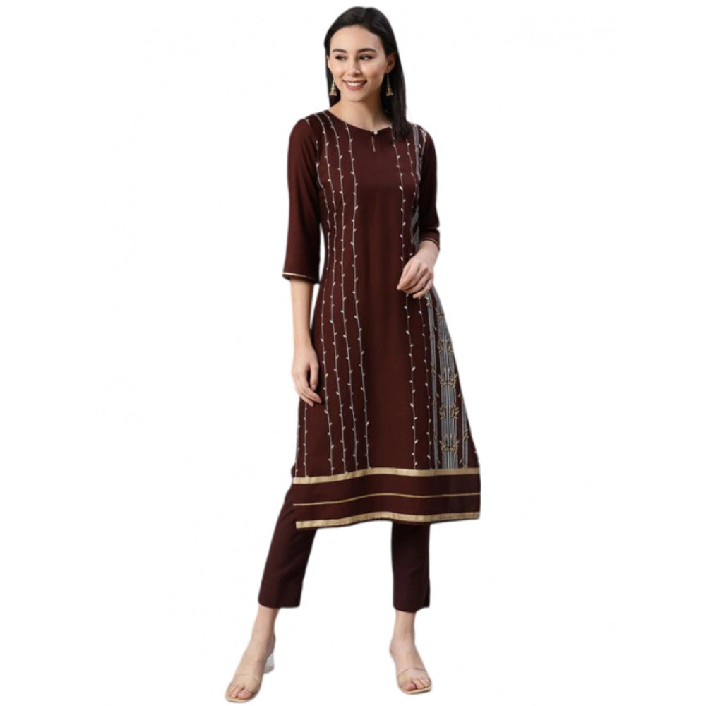 Generic Women's Casual 3-4Th Sleeve Ethnic Motifs Rayon Kurti And Pant Set (Brown)