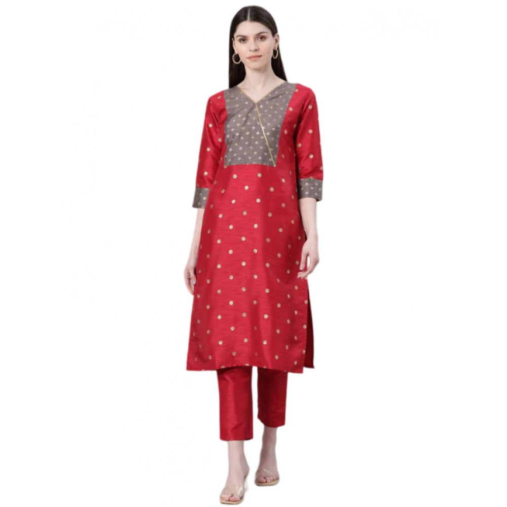 Generic Women's Casual 3-4Th Sleeve Ethnic Motifs Poly Silk Kurti And Pant Set (Red)