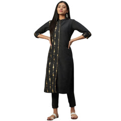 Generisches Damen-Freizeitset mit 3–4-Ärmeln und ethnischen Motiven, Kurti und Hose aus Polyseide (schwarz)