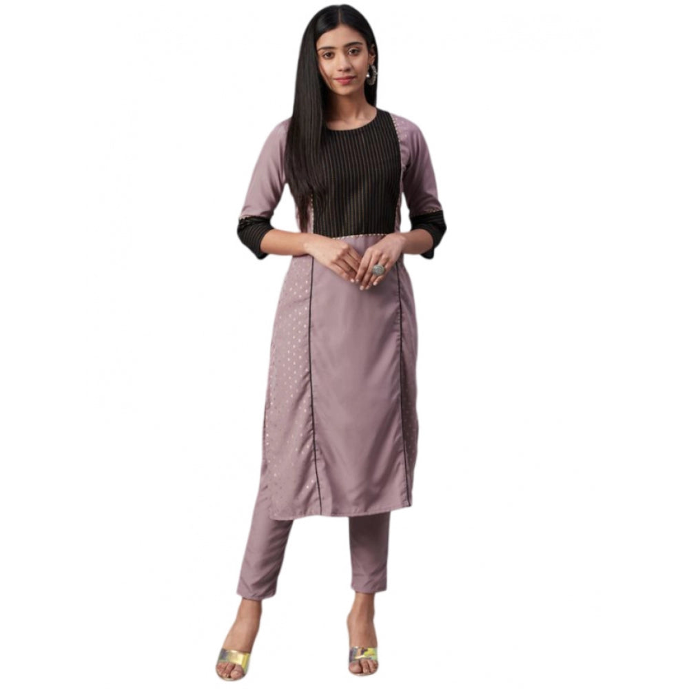 Generic Women's Casual 3-4Th Sleeve Ethnic Motifs Crepe Kurti and Pant Set (Light Purple)