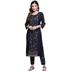 Generic Women's Casual 3-4Th Sleeve Floral Printed Crepe Kurti and Pant Set (Navy Blue)