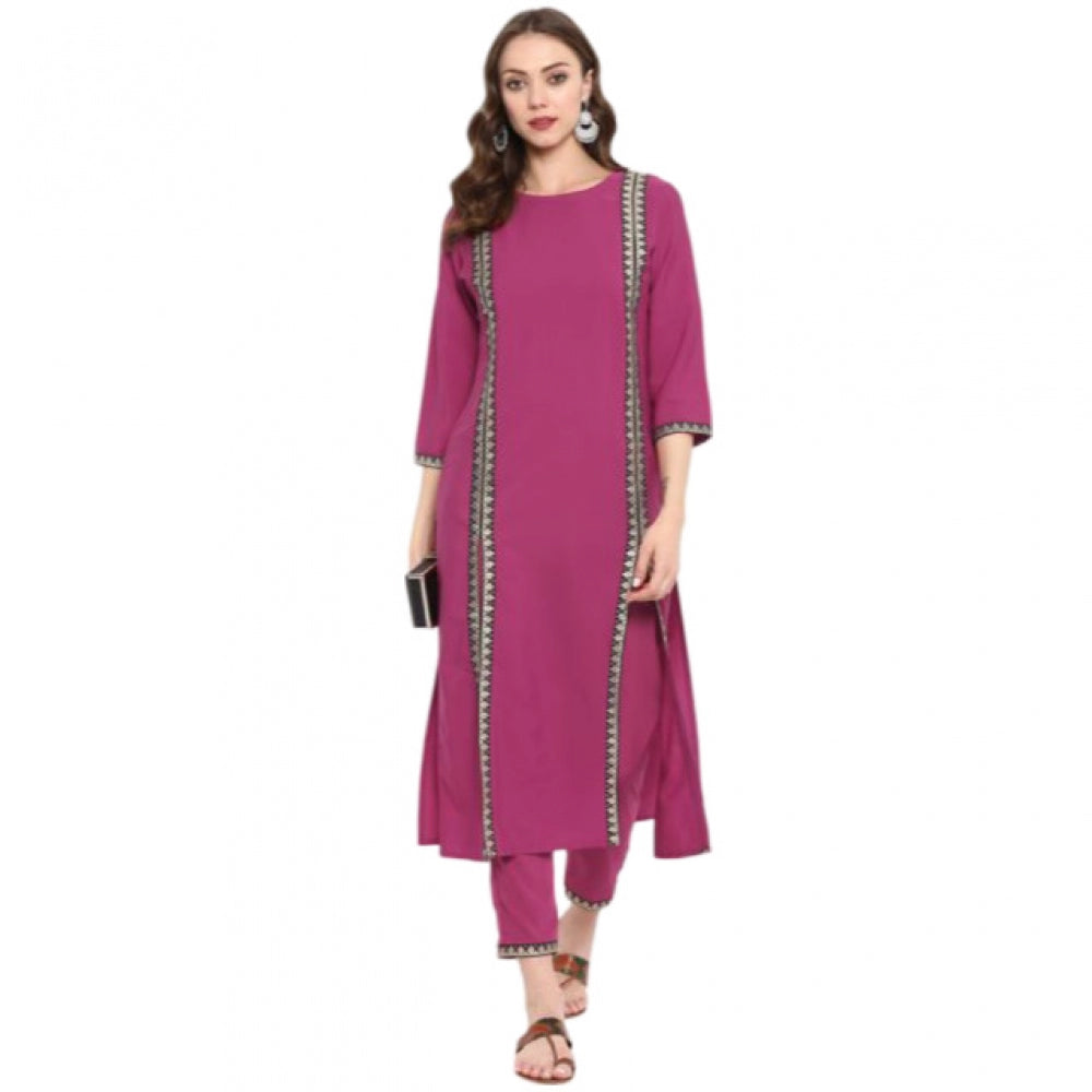 Generic Women's Casual 3-4Th Sleeve Solid Crepe Kurti And Pant Set (Pink)