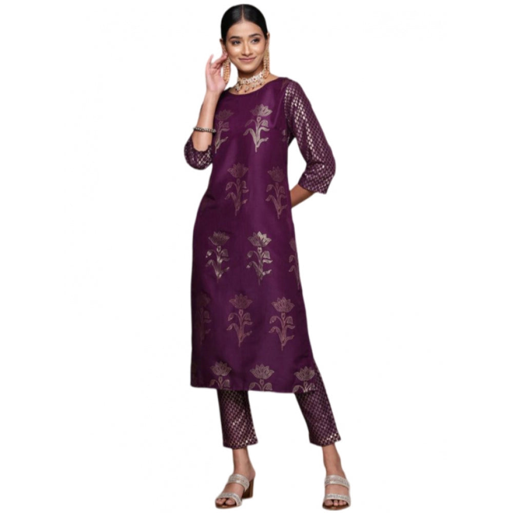 Generic Women's Casual 3-4Th Sleeve Floral Printed Chinon Kurti and Pant Set (Purple)