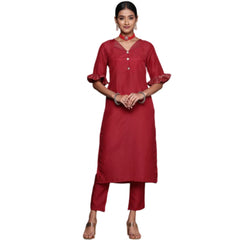 Generic Women's Casual Half Sleeve Solid Chinon Kurti and Pant Set (Maroon)